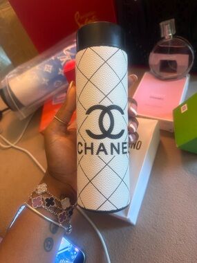 CHANEL White & Black Quilted Logo Travel Tumbler